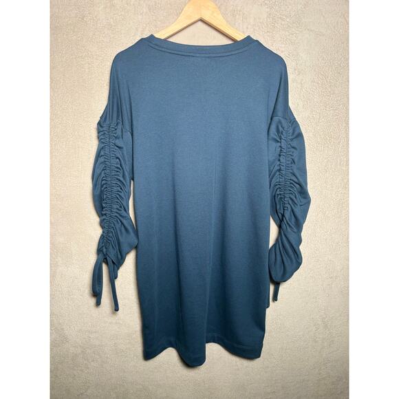 Lush Anthropologie Blue Long Sleeve Sweater Dress Ruched Arms Womens Size Large - Picture 2 of 7